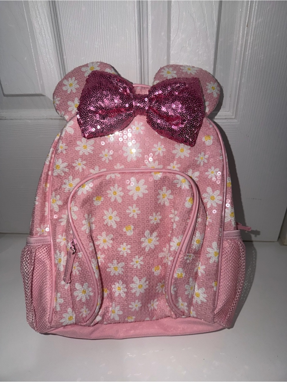 Disney Pink Daisy Backpack with Sequin Bow Minnie ears NWT new